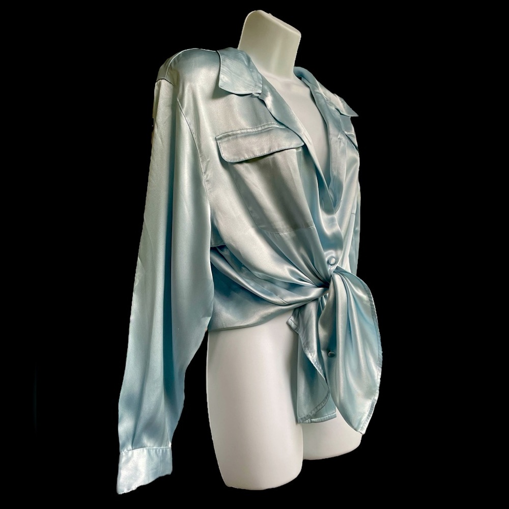 True Vintage 80s - Baby Aqua Blue Button Down Blouse L XL 2X
